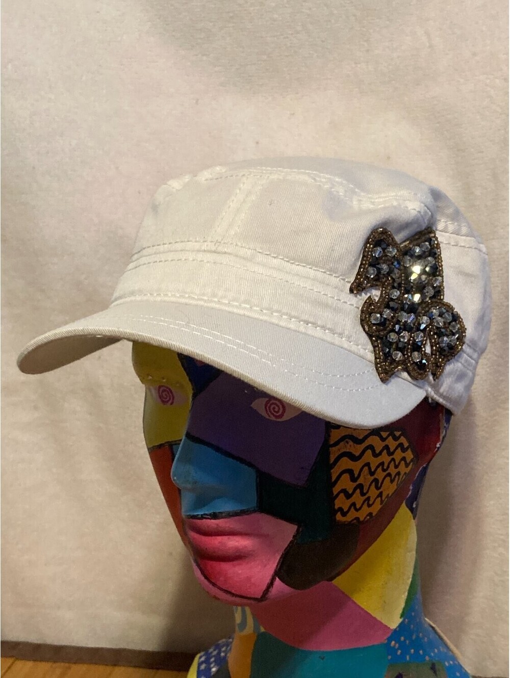 Crown White Jeweled Butterfly Cadet Cap Womens One Size Beaded Bling Hat